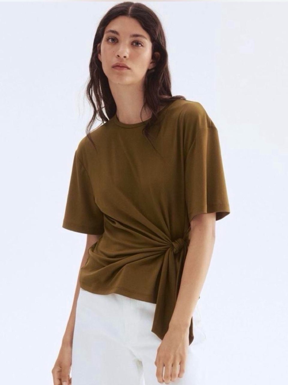 H&M Women's Olive Knot-Detail Short Sleeve Top
